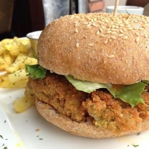 Veggie Burger: garbanzo patty option at Veggie House in San Jose