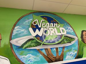 Beautiful wall done by local artist  at Vegan World Cafe in Chicago