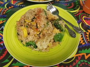 Veggie stir fry with fish protein at Vegan World Cafe in Chicago