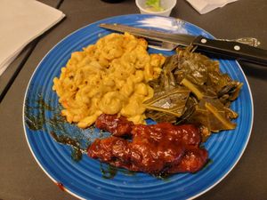 Soul plate with ribs, collard greens, Mac n cheese at Vegan World Cafe in Chicago