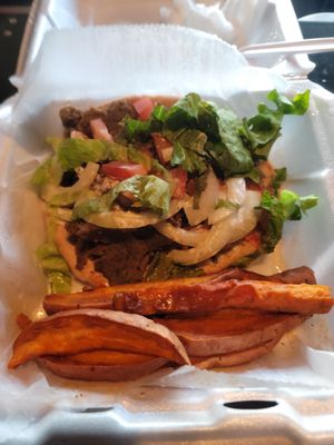 Gyro with sweet potato fries at Vegan World Cafe in Chicago
