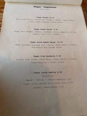 Vegan menu at Cantina del Mar in Ios