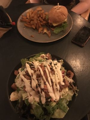 vegan south beach salad and vegan burger  at Cantina del Mar in Ios