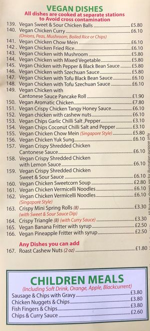 Vegan menu  at Oriental Chef in Wolverhampton