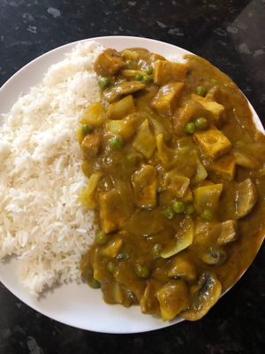 Vegan chicken curry and boiled rice at Oriental Chef in Wolverhampton