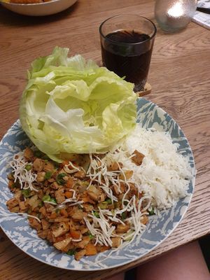 Vegan yuk sung and boiled rice at Oriental Chef in Wolverhampton