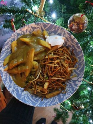 Vegan chow mein, chips and curry sauce at Oriental Chef in Wolverhampton