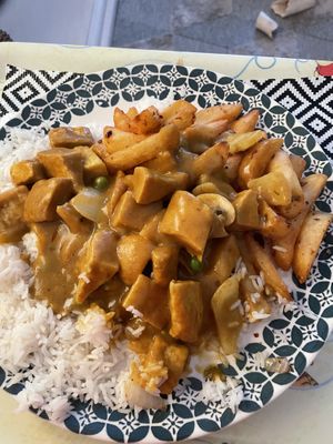 Tofu/chicken and veg curry, boiled rice and garlic and chilli chips (half of my portion!)   at Oriental Chef in Wolverhampton