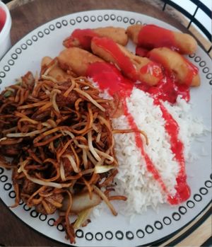 Vegan chow mein, chicken balls and boiled rice with sweet & sour sauce at Oriental Chef in Wolverhampton