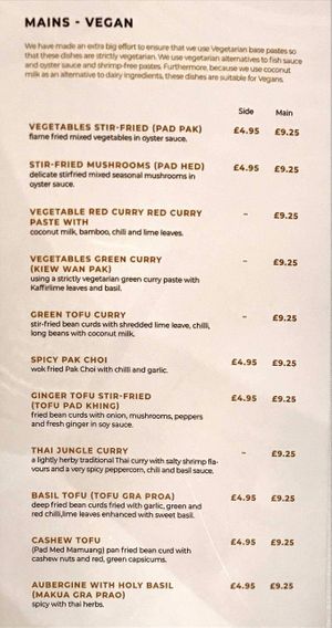 The vegan menu at Bangkok Bistro in Winchester