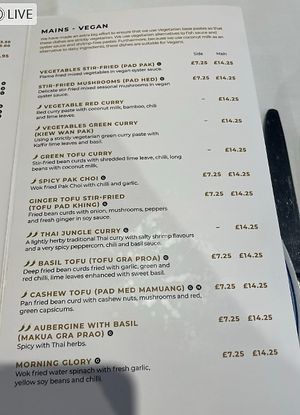 Vegan Section on Menu at Bangkok Bistro in Winchester