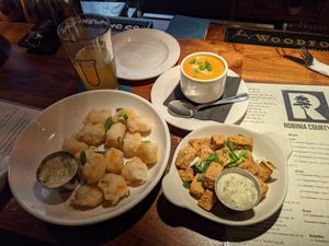 Vegan cheese curds, soup, popcorn chicken and beer at MadisonTap in Madison