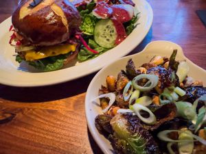 Brussels sprouts and spicy smash burgerr  at MadisonTap in Madison