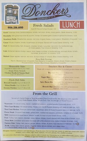 Donckers menu, first page at Donckers in Marquette