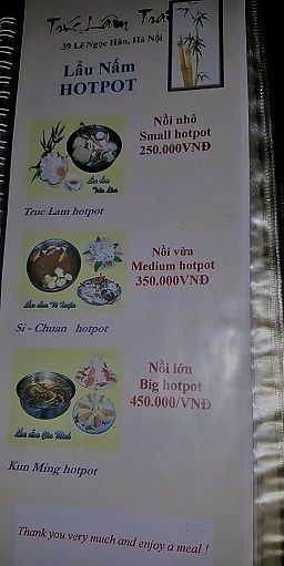 menu at Truc Lam Trai in Hanoi