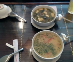 Soups : Taro & peanut, tofu & unripped banana. 45.000 đ each. at Truc Lam Trai in Hanoi