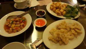 Sweet&sour soy, fried tofu, fried lotus root at Truc Lam Trai in Hanoi