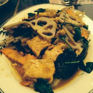 fried tofu and lotus roots at Truc Lam Trai in Hanoi