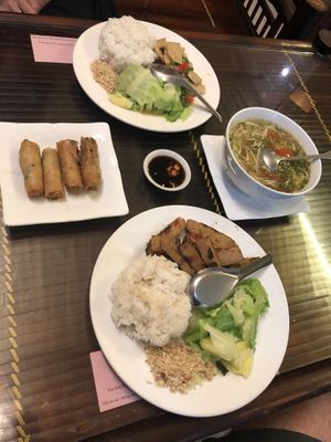 Ribs, spring rolls, soup, and chicken  at Truc Lam Trai in Hanoi