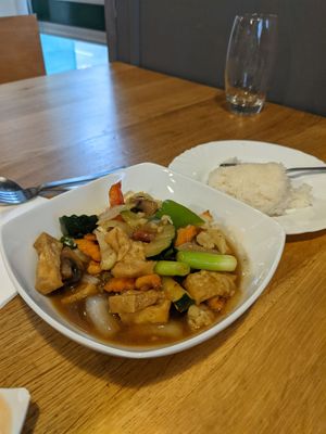 sticky rice and vegan stir fry at Saphan Thai in Aberystwyth