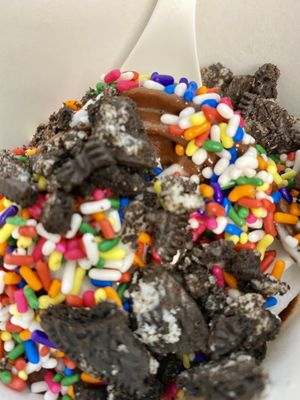 Frozen yogurt loaded with sprinkles and crushed Oreos! at Rock n Roots in Williston Park