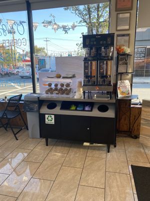 Coffee/muffin station  at Rock n Roots in Williston Park