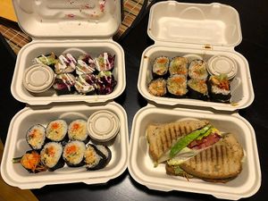 Top left lobster, top right rainbow, bottom left gf rocking root panini, bottom right spicy tuna   at Rock n Roots in Williston Park