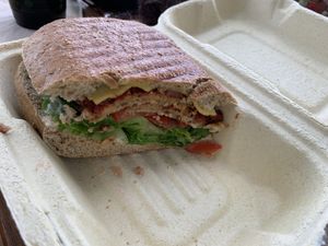 Half of eggplant panini   at Rock n Roots in Williston Park