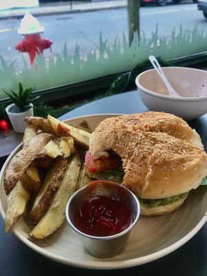 Beyond burger w/ avocado and fries  at Rock n Roots in Williston Park