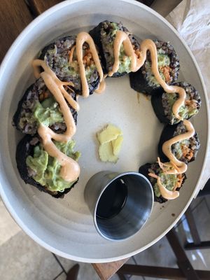 Avocado mash roll   at Rock n Roots in Williston Park