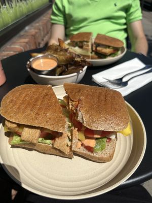 Bacon egg and cheez, garlic fries, BLAT  at Rock n Roots in Williston Park