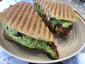 Eggplant panini customized -Cashew sauce , eggplant , avocado   at Rock n Roots in Williston Park