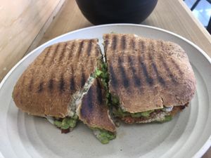 Eggplant panini customized - cashew sauce, eggplant, avocado   at Rock n Roots in Williston Park