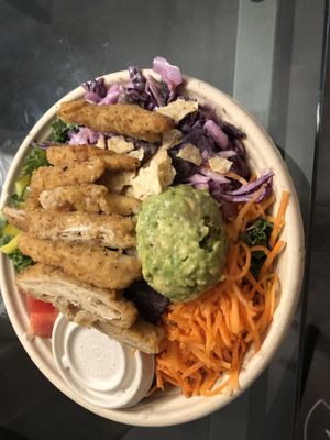 January chick’n sandwich; wrap; salad : salad, no bun, no sauce, extra avocado , extra cabbage slaw , no cheese, sauce on the side   at Rock n Roots in Williston Park