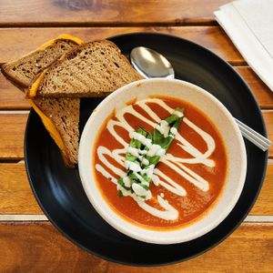 Tomato basil soup + GF grilled cheese at Rock n Roots in Williston Park