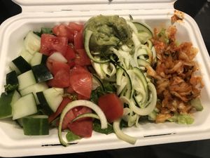 Salad : lettuce, avocado mash, cucumber, tomato, zoodle, kimchi  at Rock n Roots in Williston Park