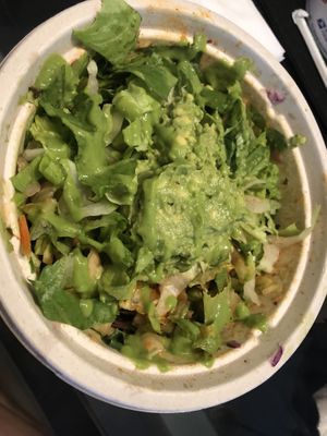 Build your own salad: lettuce, avocado mash, cabbage slaw, kimchi, avocado cilantro dressing   at Rock n Roots in Williston Park