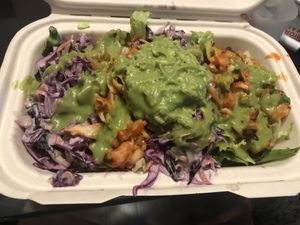 Build your own salad: lettuce, avocado mash, cabbage slaw, kimchi, avocado cilantro dressing   at Rock n Roots in Williston Park