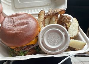 Bacon cheeseburger with fries  #Veganuary at Rock n Roots in Williston Park