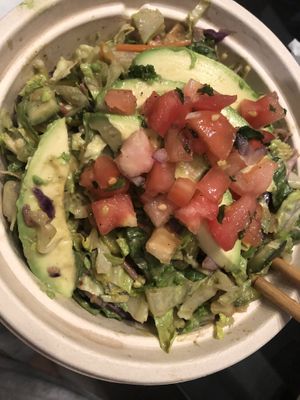 Build your own salad -lettuce, avocado mash, cucumber, tomato, zoodles, cabbage slaw, jalapeño, kimchi, pickles, avocado cilantro dressing , 
Pico de gallo 
  at Rock n Roots in Williston Park