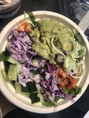 Lettuce, #zoodles #kimchi #cucumber #guacamole #coleslaw   at Rock n Roots in Williston Park