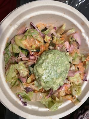 Build your own salad - Romain , no sauce, avocado mash , cucumber , zoodle, cabbage slaw and kimchi  at Rock n Roots in Williston Park