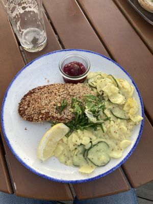 Oat schnitzel with potato salad   at Dolden Mädel Braugasthaus in Stralsund