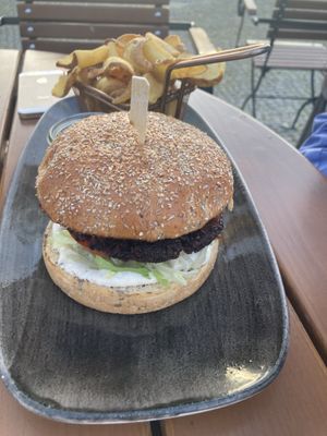 Lentil burger with fries and vegan mayo  at Dolden Mädel Braugasthaus in Stralsund
