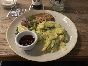 Oat Schnitzel with potato saladd  at Dolden Mädel Braugasthaus in Stralsund