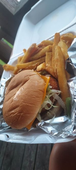 Chicken sandwich with friez at Golden Vegan in Zachary