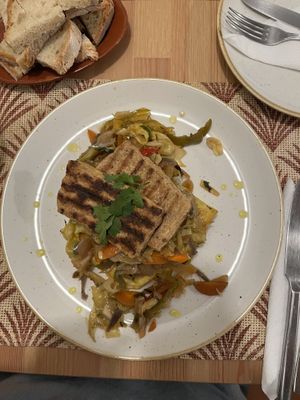 Grilled Tofu with Vegetables and Polenta  at Dona Tengarrinha in Beja