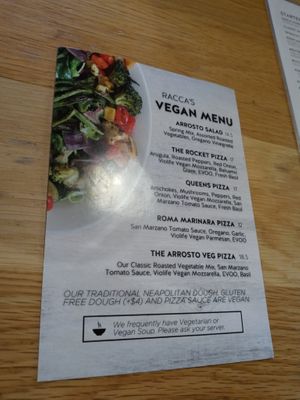 Vegan menu as of 28 Oct 2023. at Racca's Pizzeria Napoletana in Casper