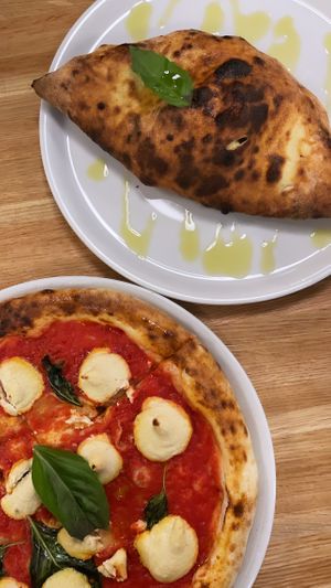 Magherita pizza and meatball calzone at Double Zero in Boston
