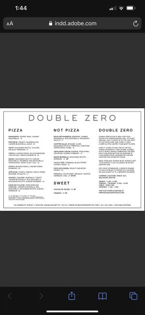 Menu at Double Zero in Boston